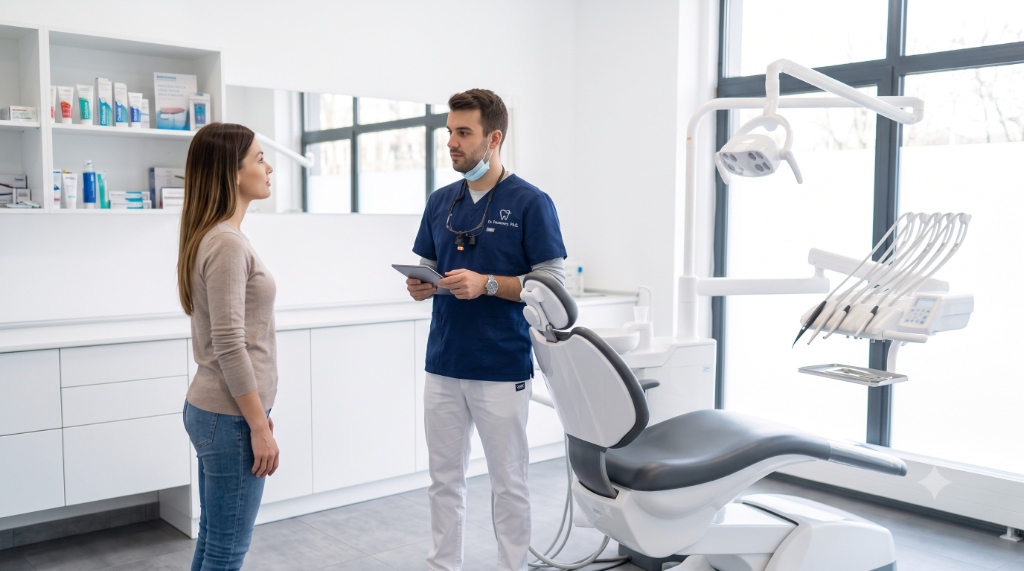 Dentist greeting a patient at a dental chair