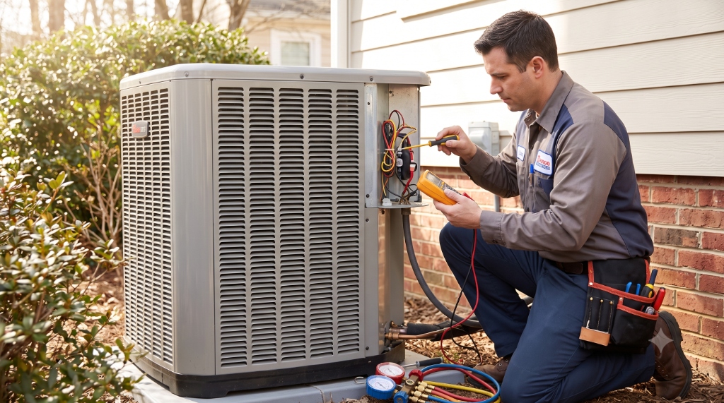 HVAC technician repairing condenser AC unit next to emergency van