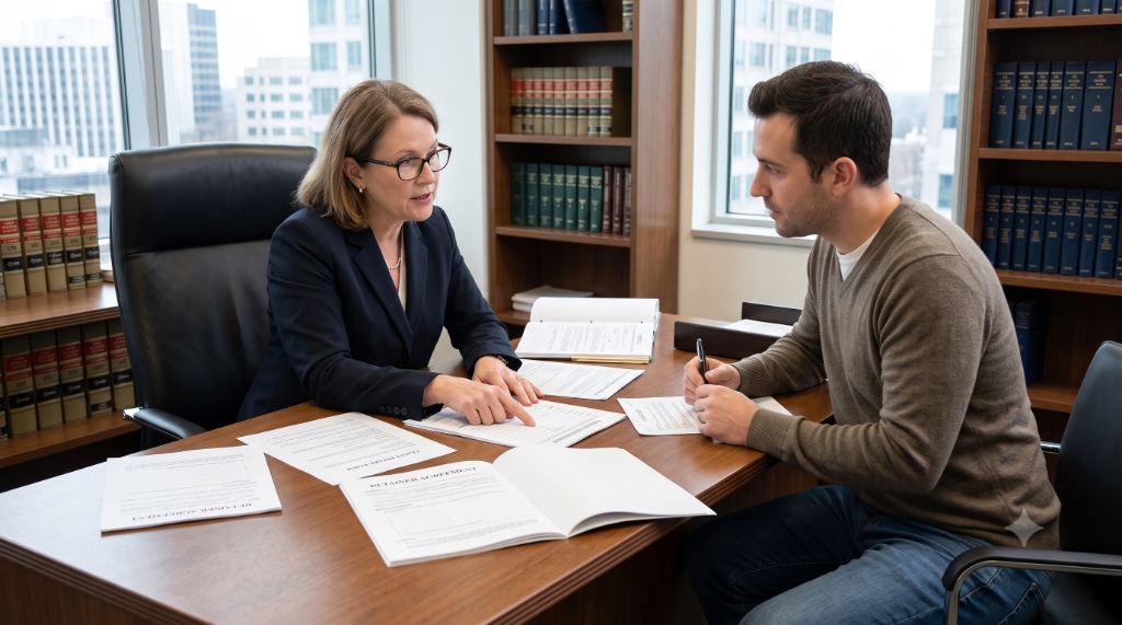 Attorney consulting a client with legal forms